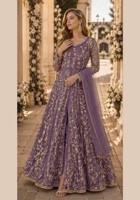 Purple Embroidery Net Anarkali Set