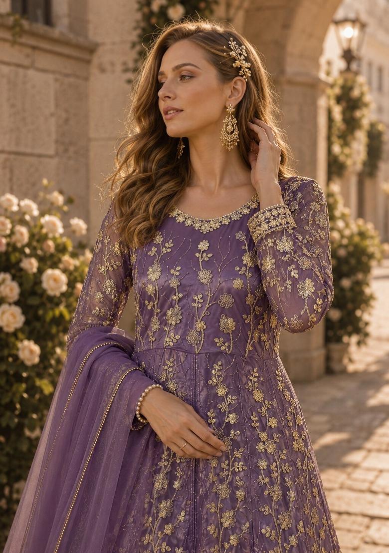 Purple Embroidery Net Anarkali Set - Indya