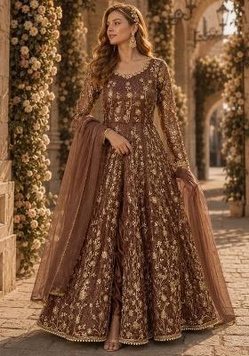 Brown Embroidery Net Anarkali Set