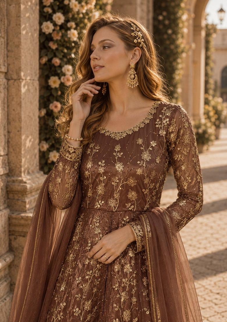 Brown Embroidery Net Anarkali Set - Indya