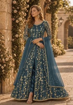 Dark Grey Embroidery Net Anarkali Set