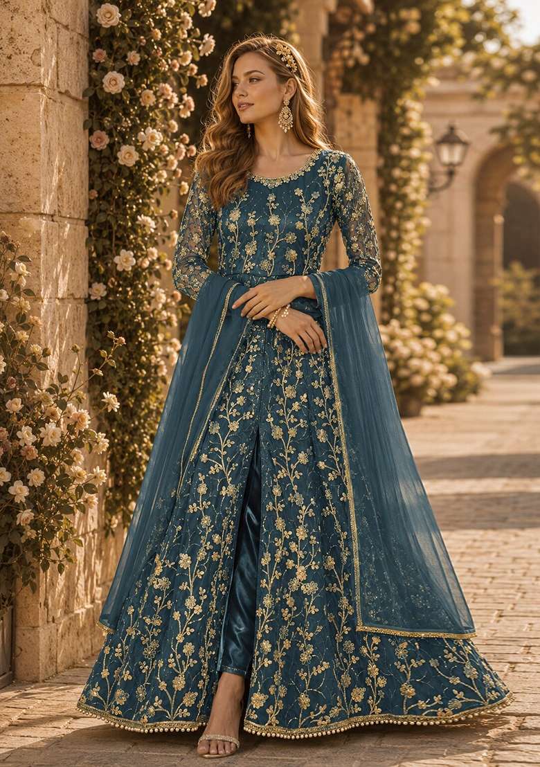 Dark Grey Embroidery Net Anarkali Set - Indya