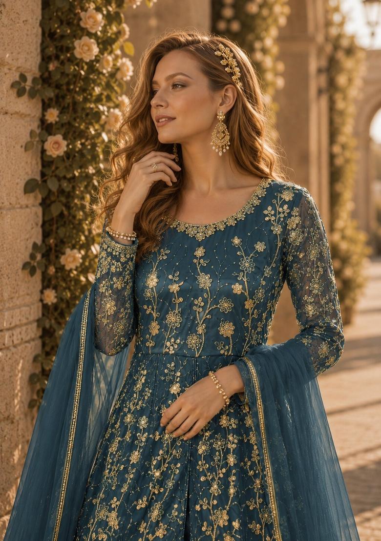 Dark Grey Embroidery Net Anarkali Set - Indya
