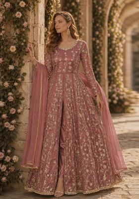 Peach Embroidery Net Anarkali Set