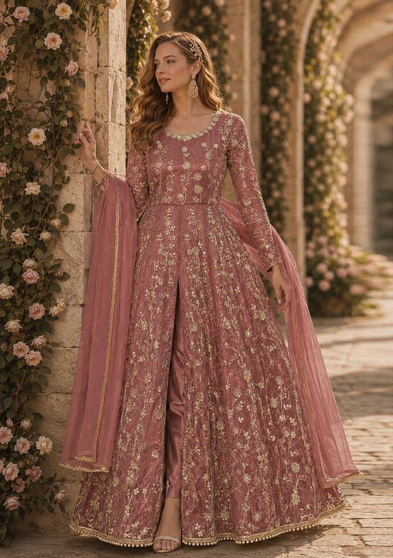 Peach Embroidery Net Anarkali Set - Indya