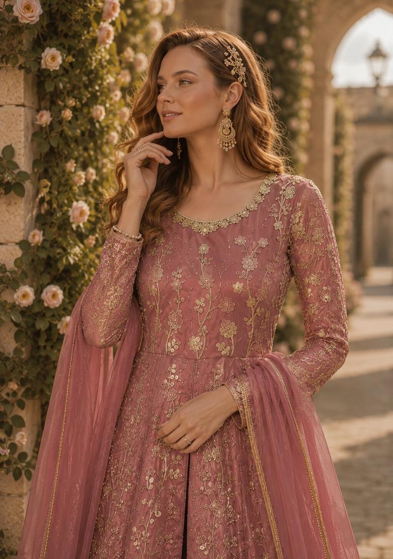 Peach Embroidery Net Anarkali Set - Indya