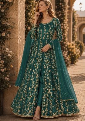 Teal Embroidery Net Anarkali Set