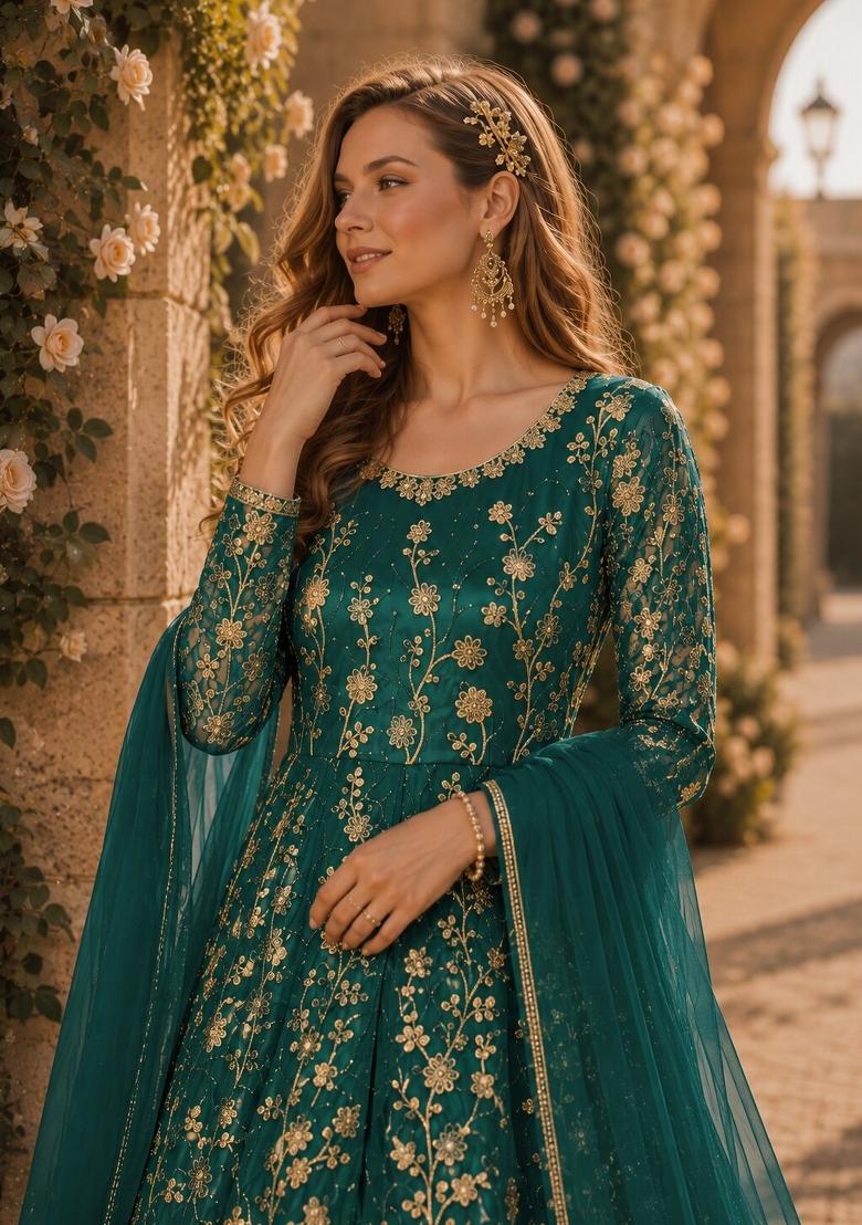 Teal Embroidery Net Anarkali Set - Indya