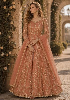 Orange Embroidery Net Anarkali Set