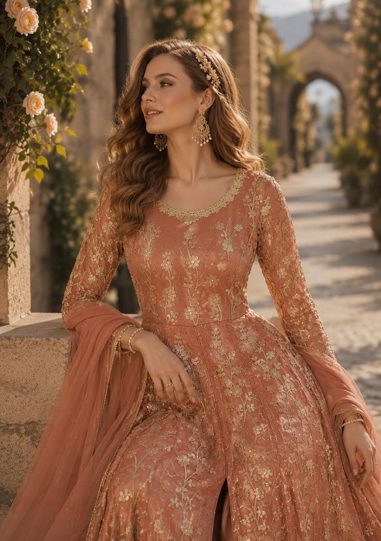 Orange Embroidery Net Anarkali Set - Indya
