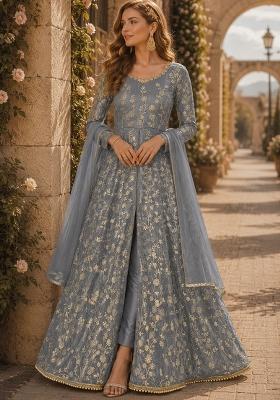 Grey Embroidery Net Anarkali Set
