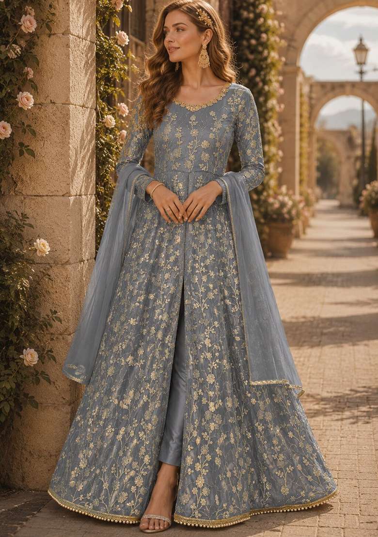 Grey Embroidery Net Anarkali Set - Indya