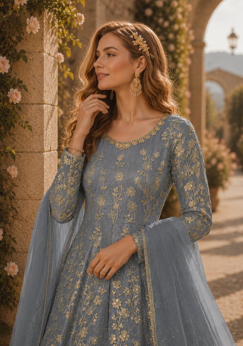 Grey Embroidery Net Anarkali Set - Indya
