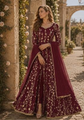 Wine Embroidery Net Anarkali Set