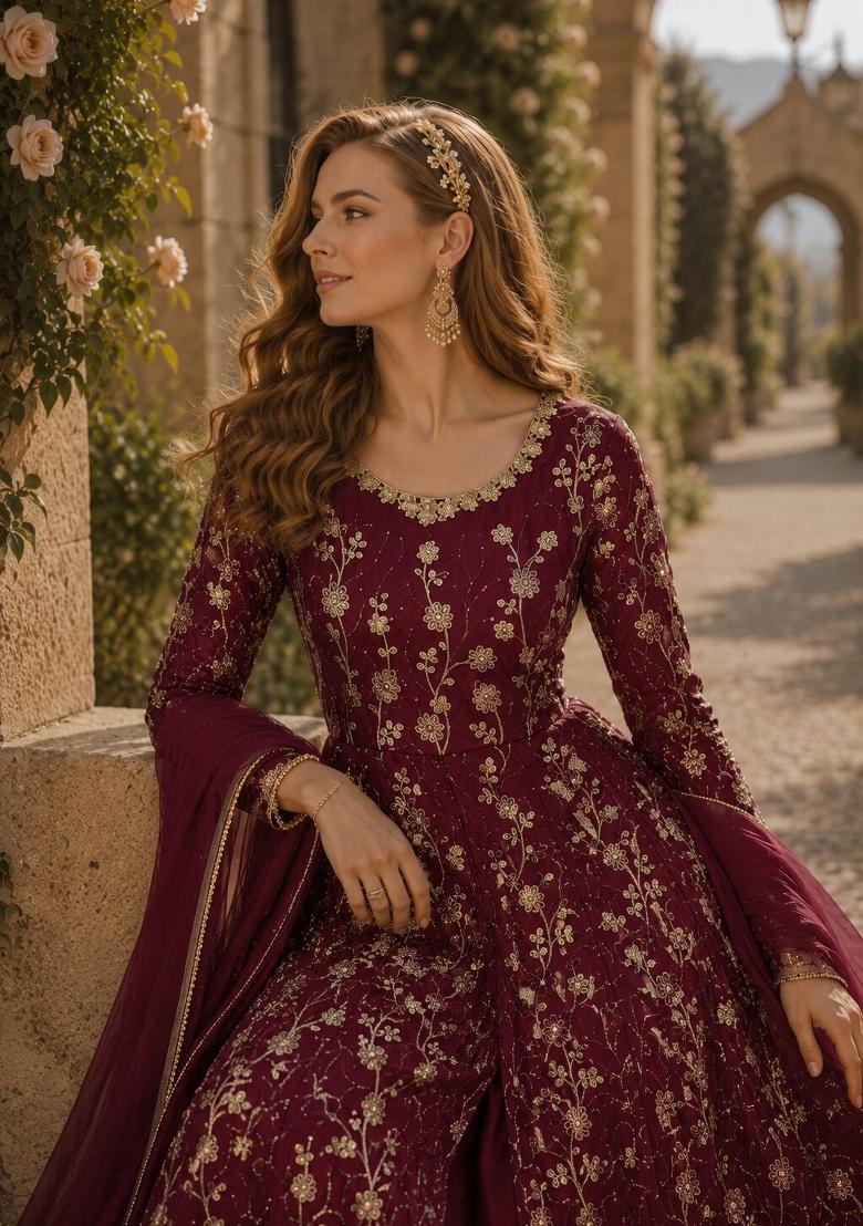 Wine Embroidery Net Anarkali Set - Indya