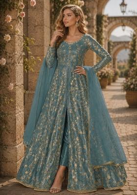 Sky Blue Embroidery Net Anarkali Set