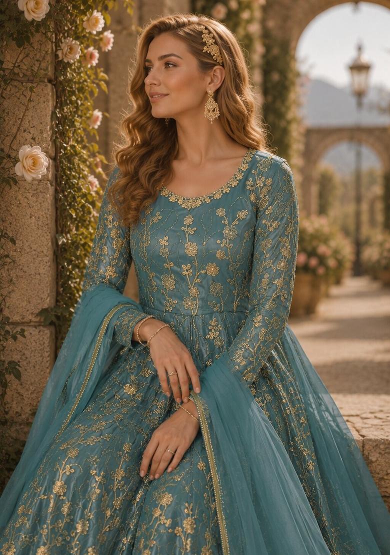 Sky Blue Embroidery Net Anarkali Set - Indya