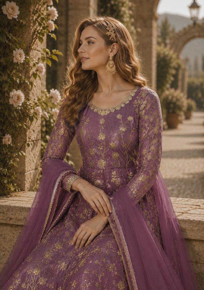 Lavender Embroidery Net Anarkali Set - Indya