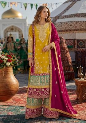 Yellow Embroidery Silk Kurta Set