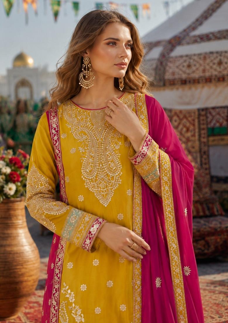 Yellow Embroidery Silk Kurta Set - Indya