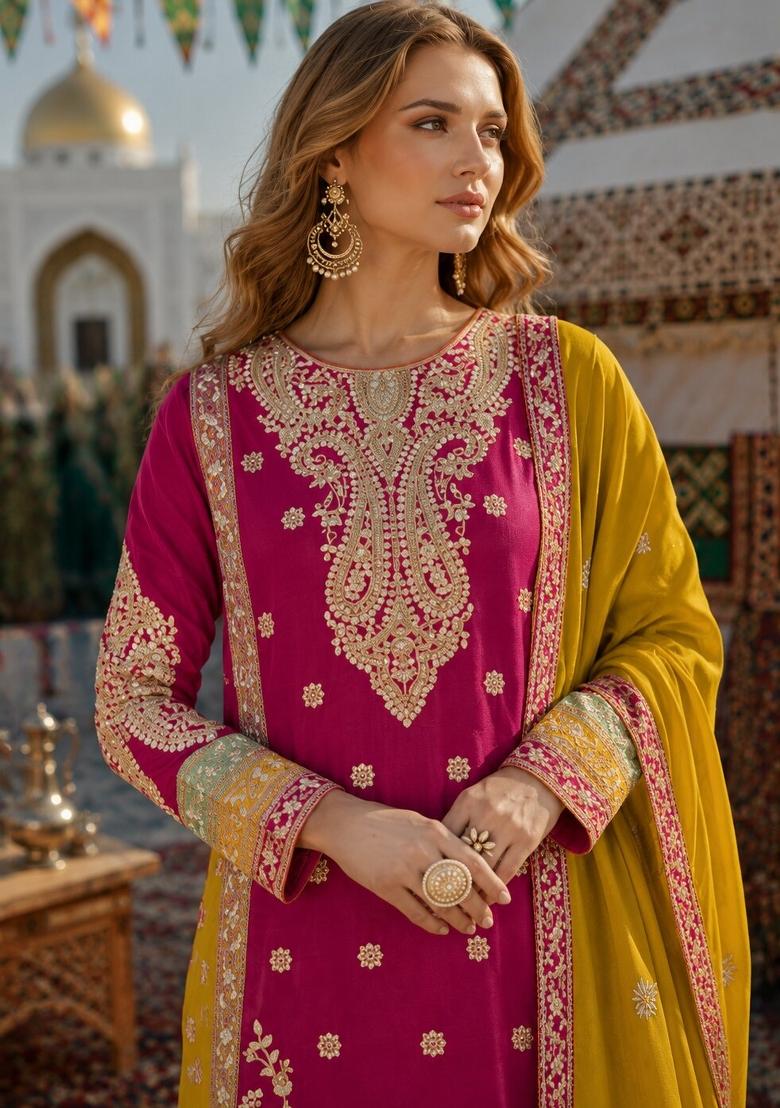 Red Embroidery Silk Kurta Set - Indya