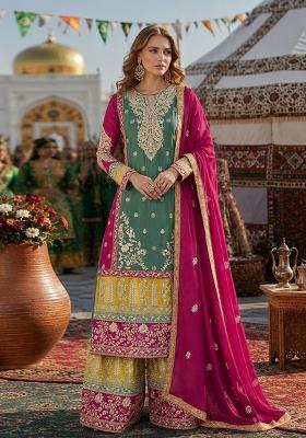 Sea Green Embroidery Silk Kurta Set