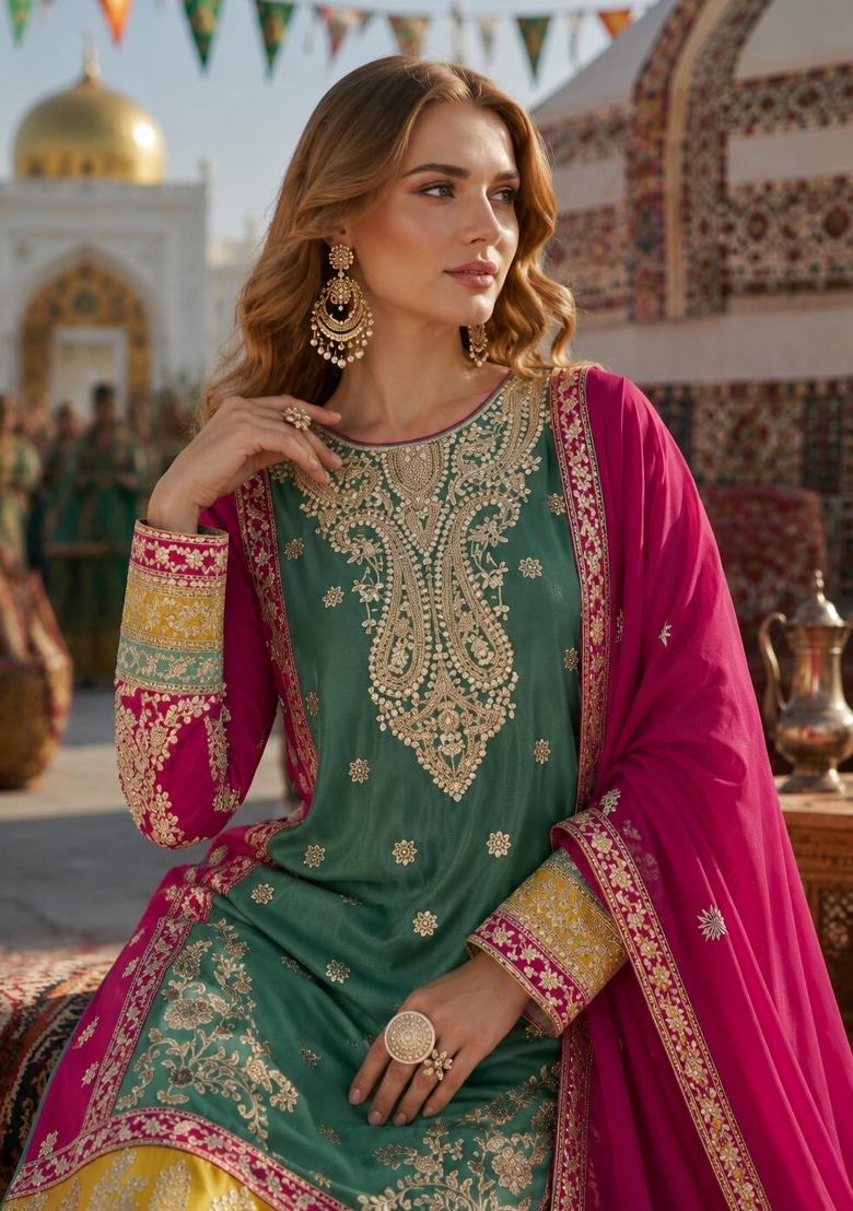 Sea Green Embroidery Silk Kurta Set - Indya