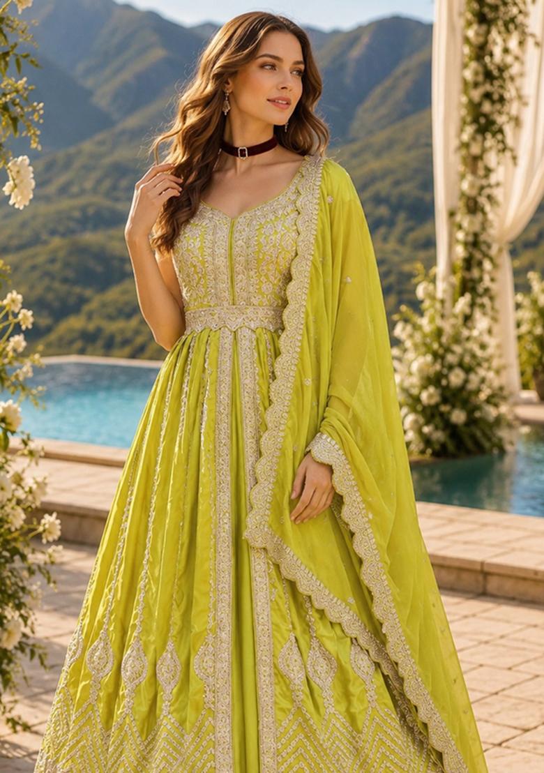 Yellow Embroidery Silk Anarkali Set - Indya
