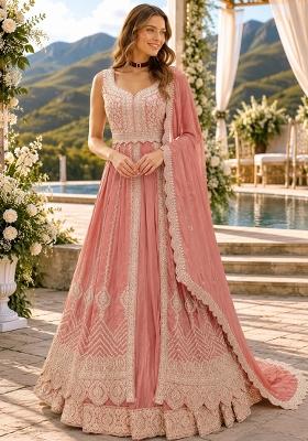 Peach Embroidery Silk Anarkali Set