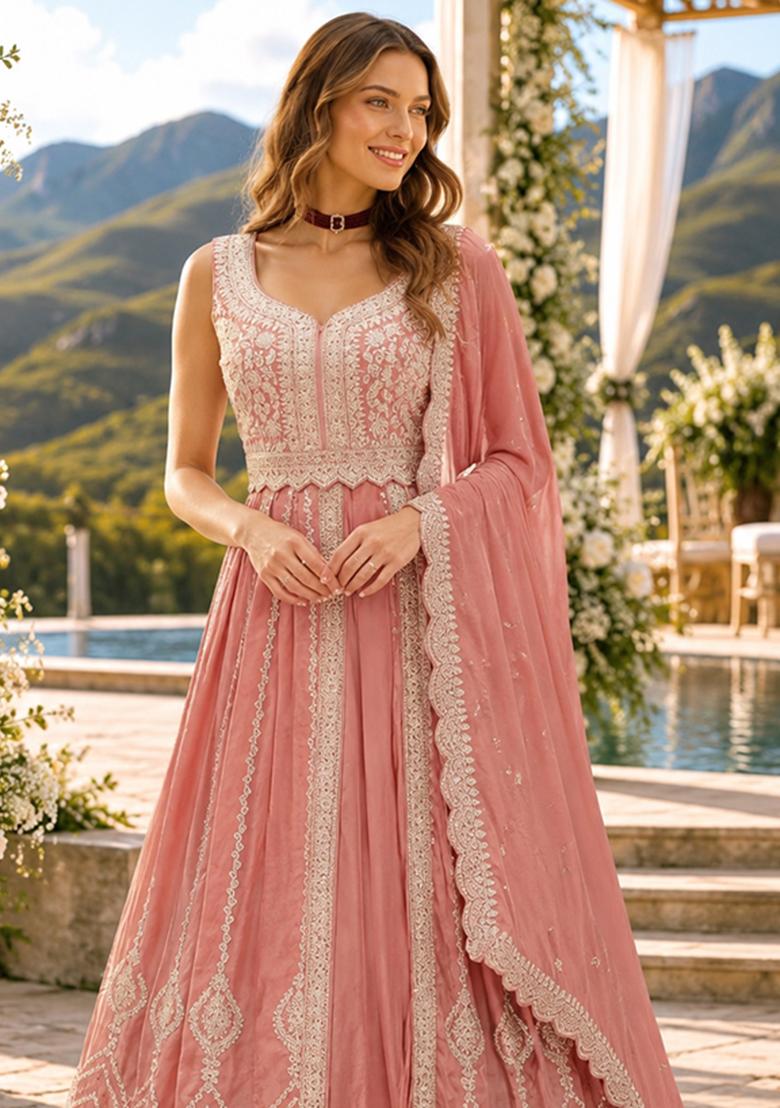 Peach Embroidery Silk Anarkali Set - Indya