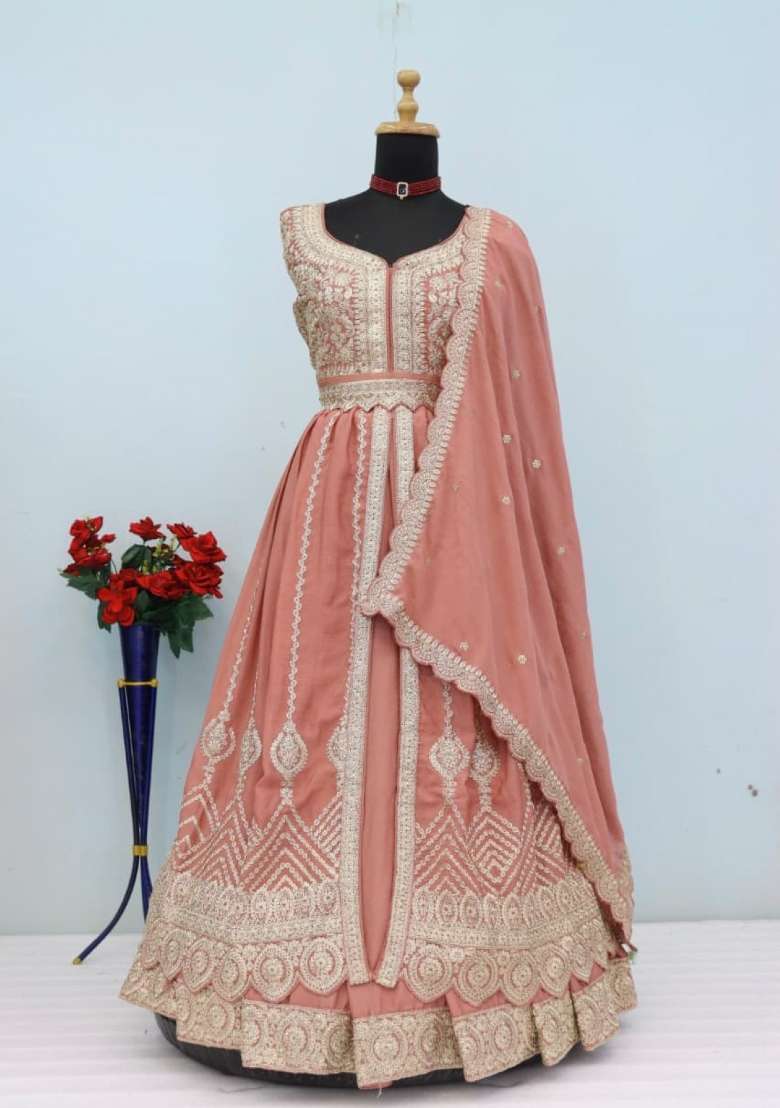 Peach Embroidery Silk Anarkali Set - Indya