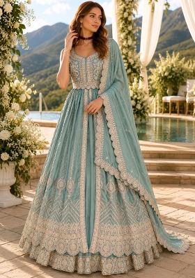 Blue Embroidery Silk Anarkali Set