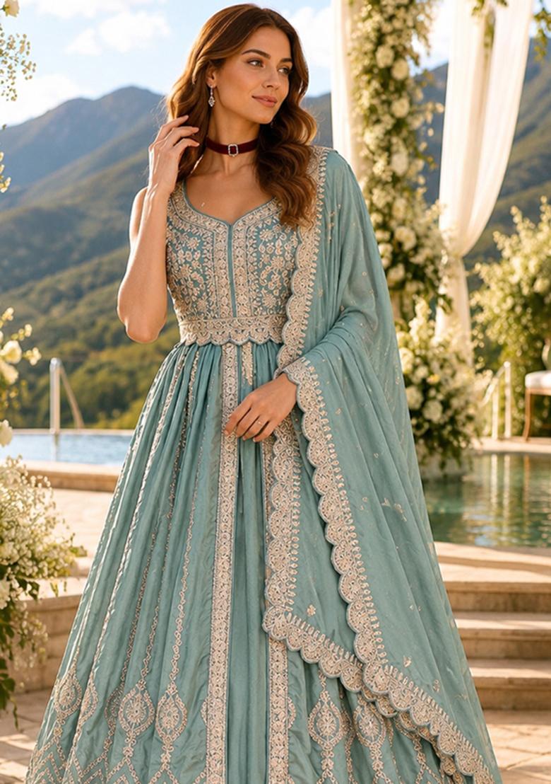 Blue Embroidery Silk Anarkali Set - Indya