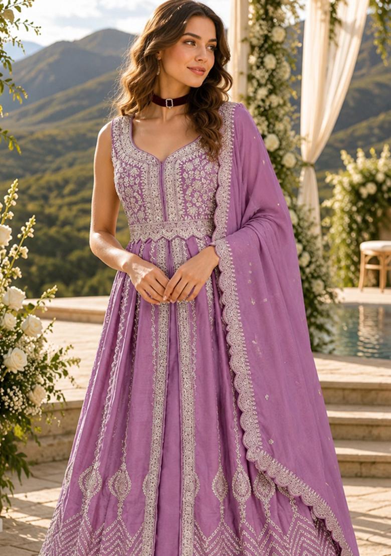 Lavender Embroidery Silk Anarkali Set - Indya