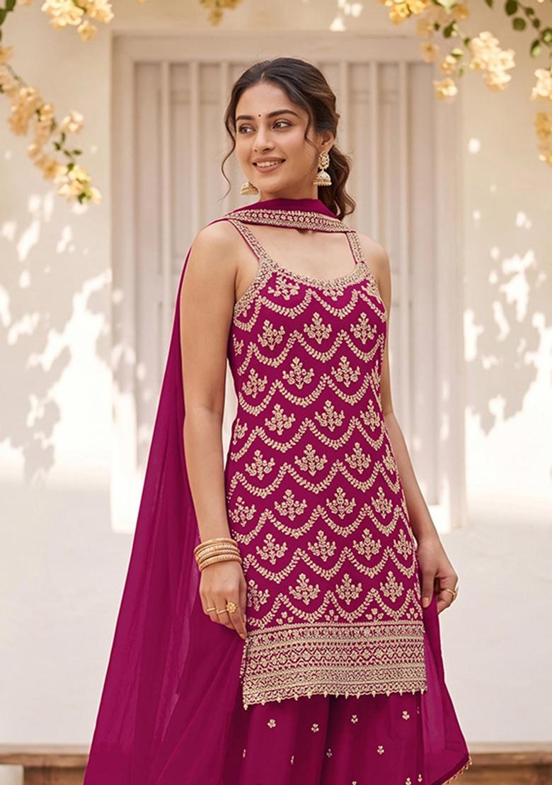 Red Embroidery Silk Kurta Set - Indya