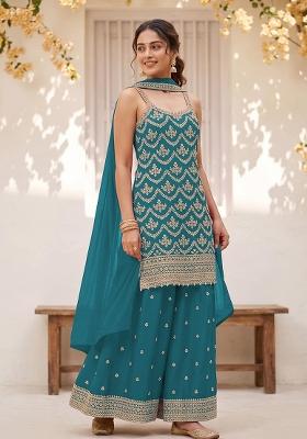 Blue Embroidery Silk Kurta Set