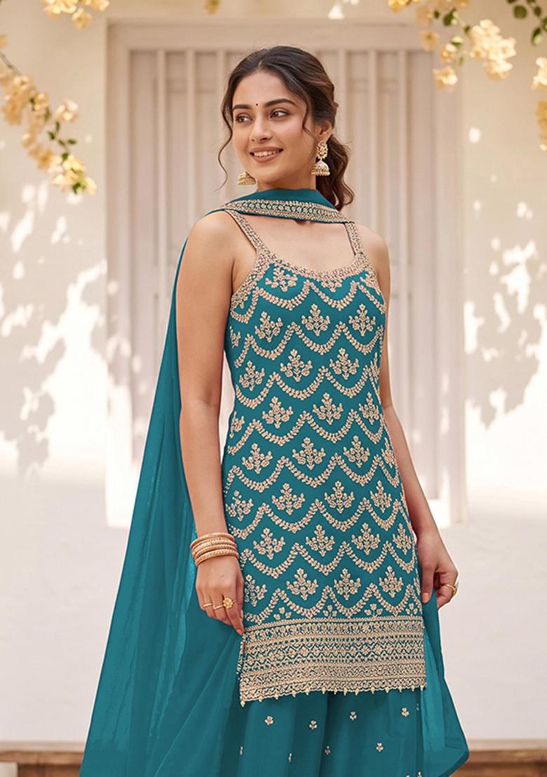 Blue Embroidery Silk Kurta Set - Indya