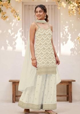 White Embroidery Silk Kurta Set