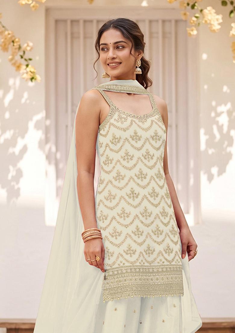 White Embroidery Silk Kurta Set - Indya