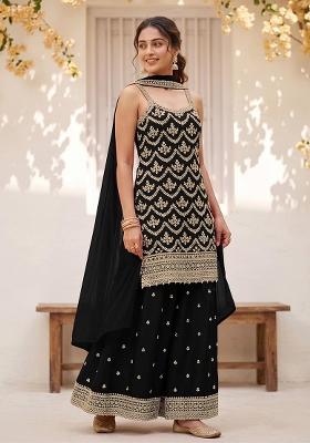 Black Embroidery Silk Kurta Set