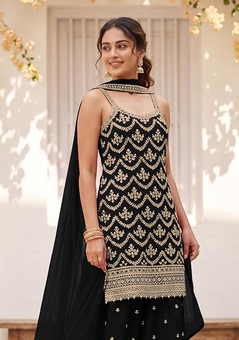 Black Embroidery Silk Kurta Set - Indya