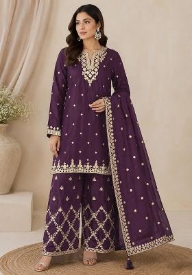 Purple Embroidery Silk Kurta Set