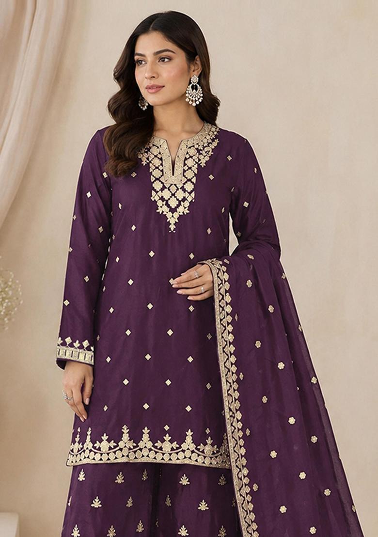 Purple Embroidery Silk Kurta Set - Indya