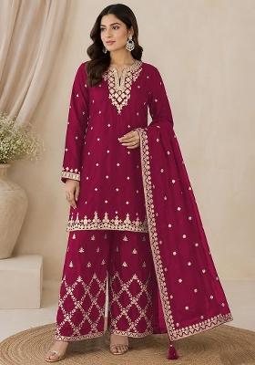 Red Embroidery Silk Kurta Set