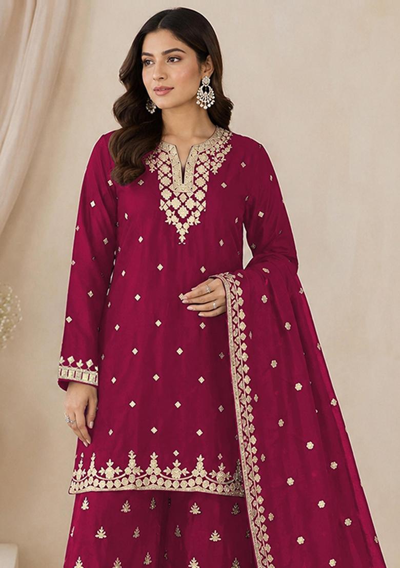 Red Embroidery Silk Kurta Set - Indya