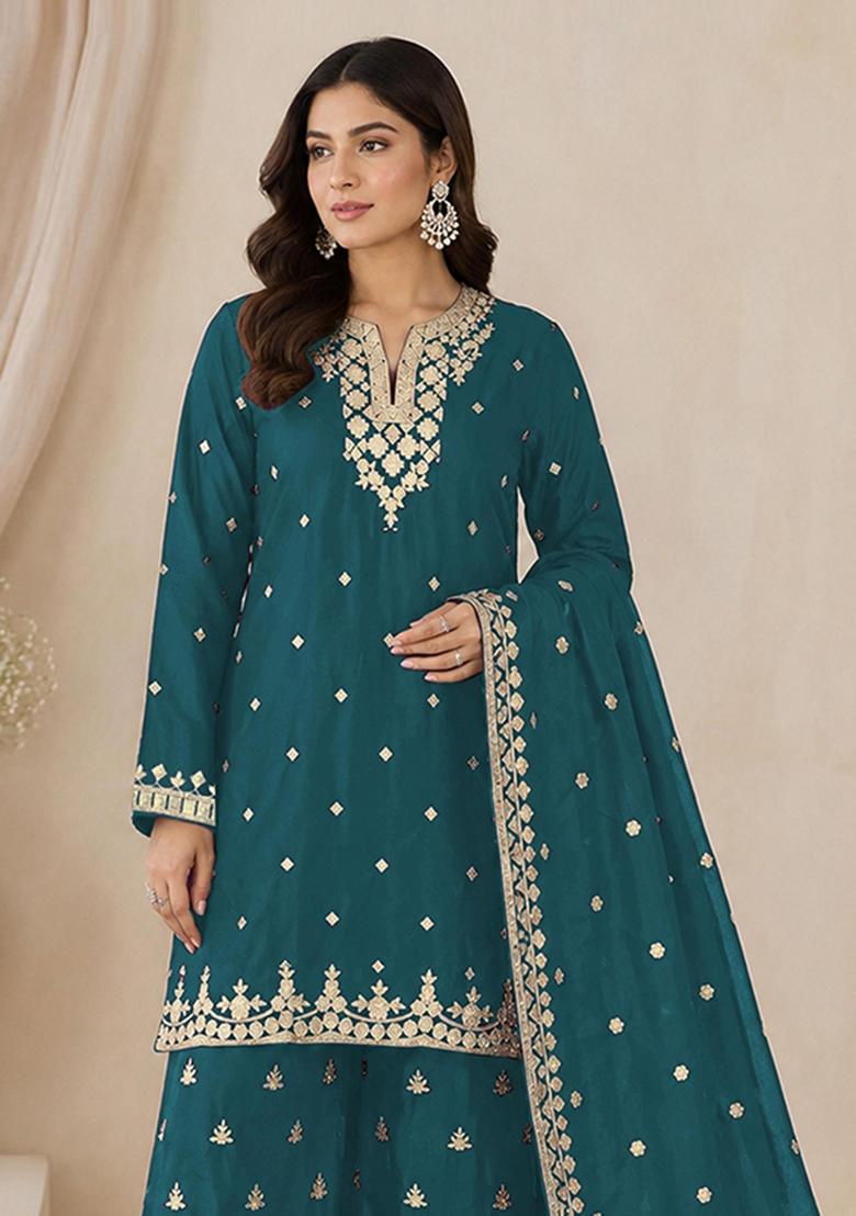 Teal Blue Embroidery Silk Kurta Set - Indya