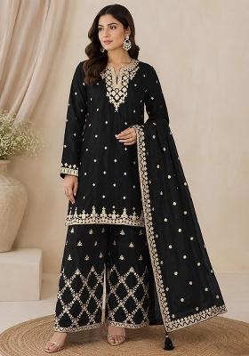 Black Embroidery Silk Kurta Set
