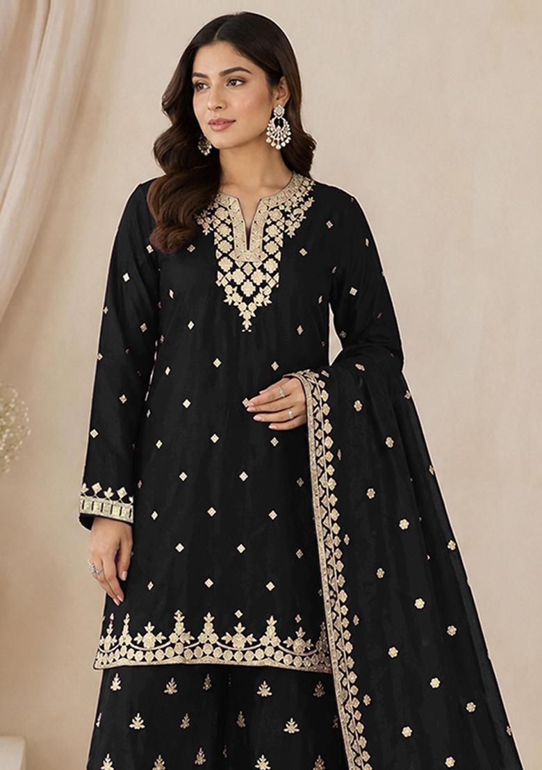 Black Embroidery Silk Kurta Set - Indya