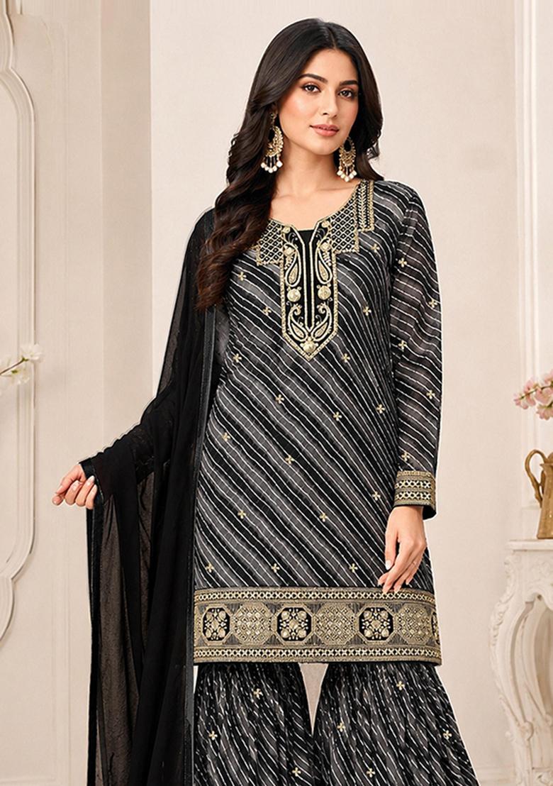 Black Embroidery Georgette Kurta Set - Indya