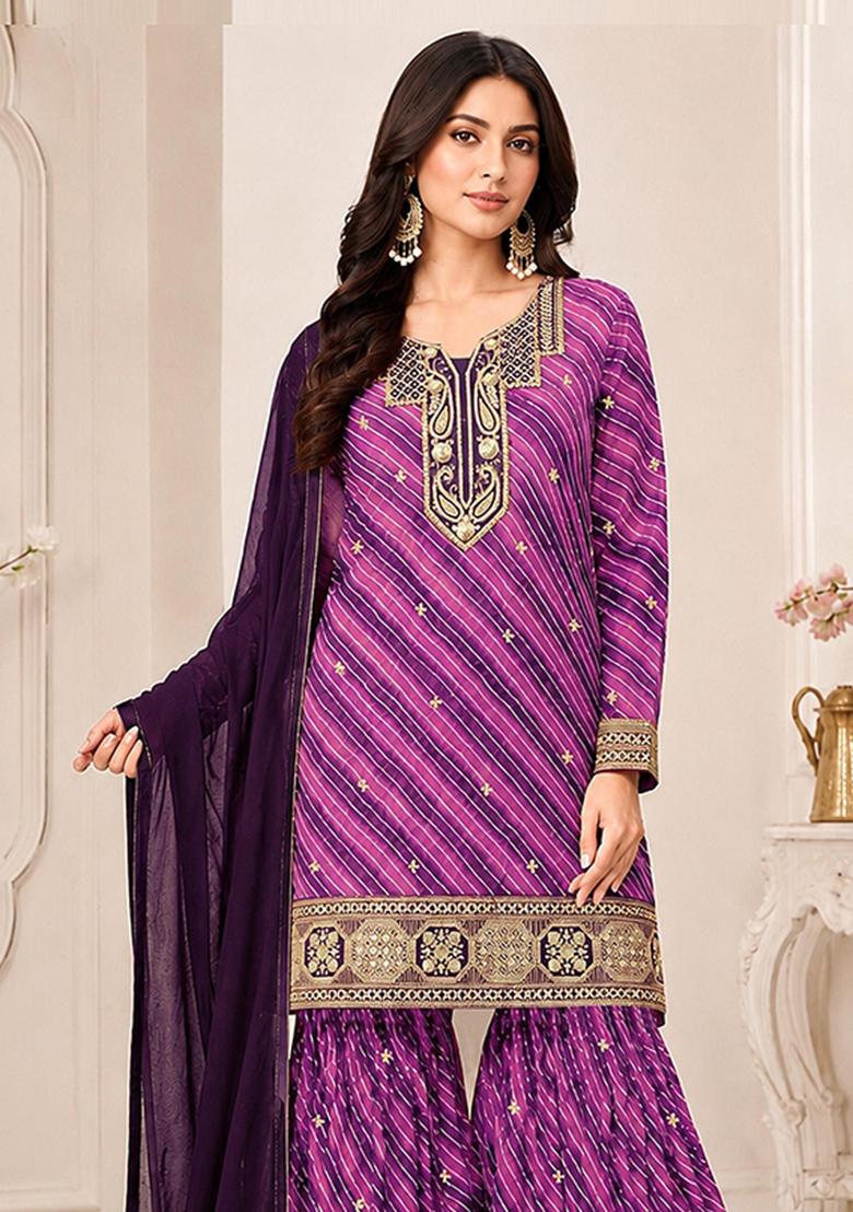 Purple Embroidery Georgette Kurta Set - Indya